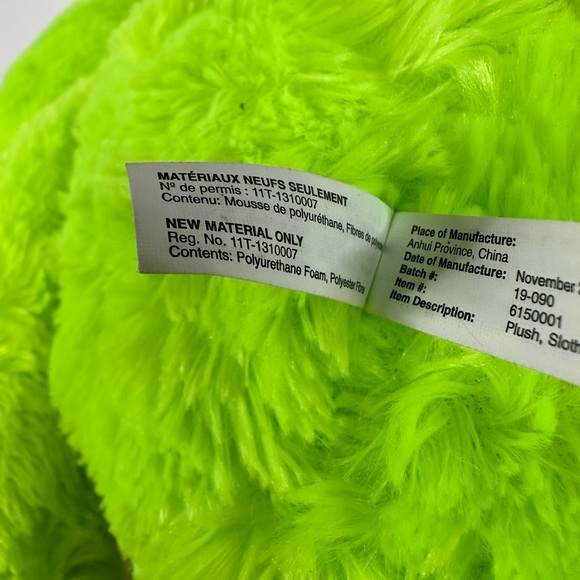 Toy Factory 17" Plush Neon Green Sloth - Picture 7 of 8